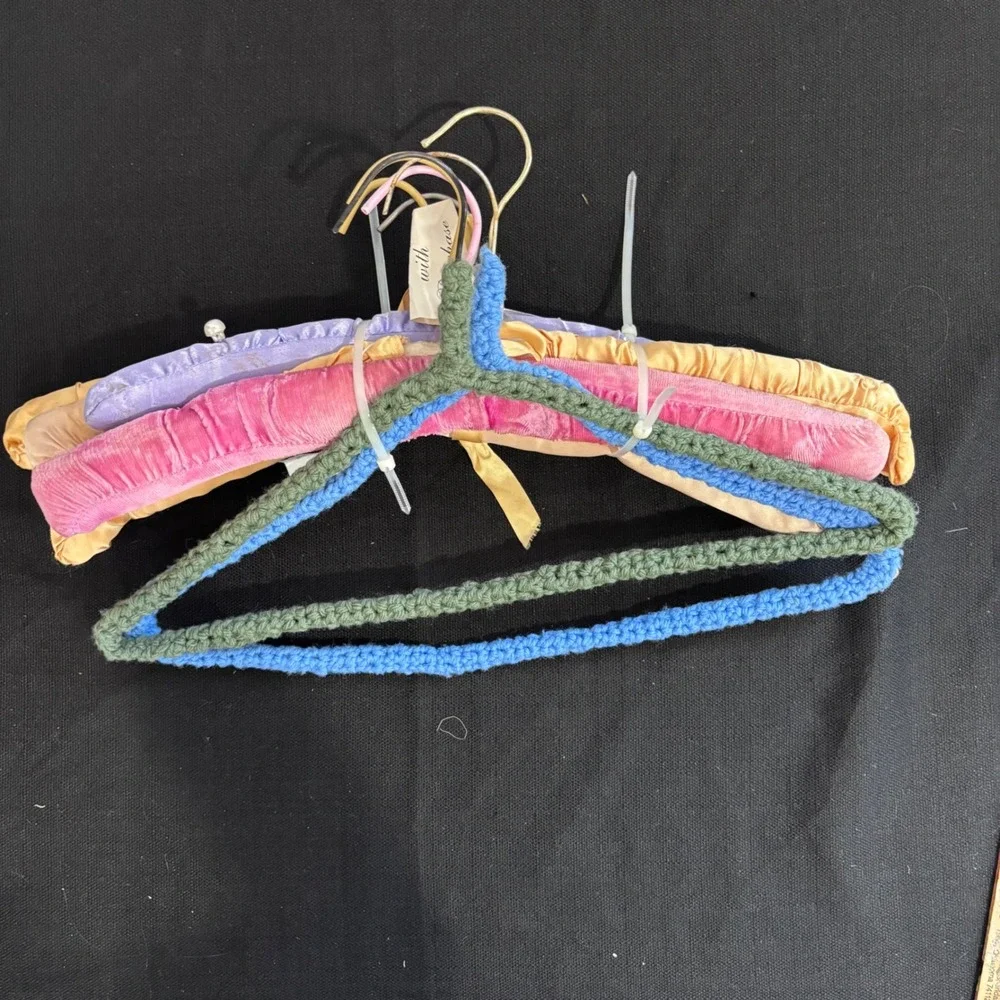 Vintage Padded Satin and Crochet Hangers Set of 5 Pink Gold Blue Green Purple